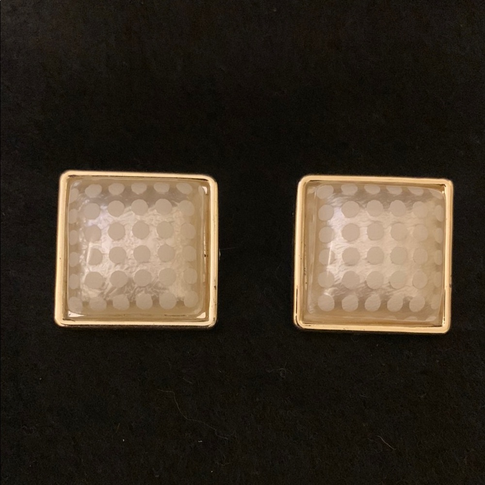 Vintage Gold Tone Square Pillow Top Cream on Cream Polka Dot Statement Earrings